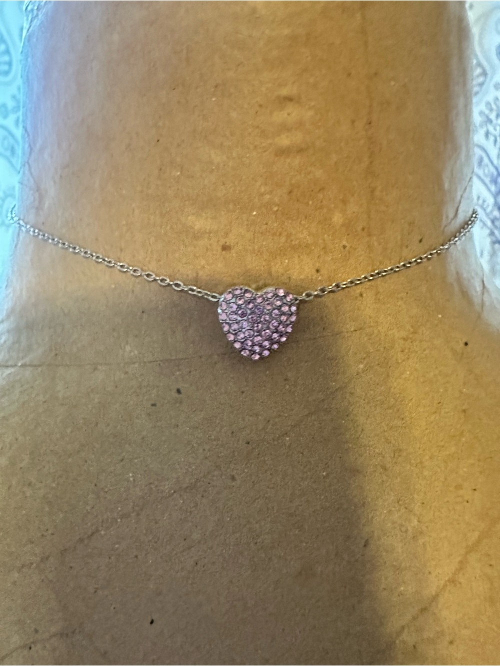 Silver Chain Necklace with Pink Crystal Heart Pendant